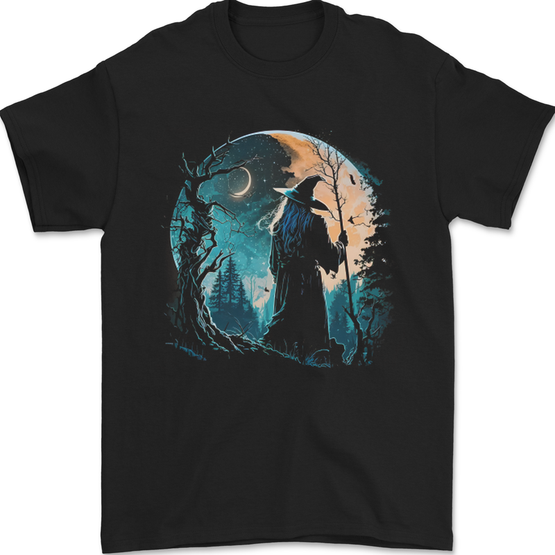 A Wizard Looking at a Fantasy Moon Warlock Mens T-Shirt 100% Cotton Black
