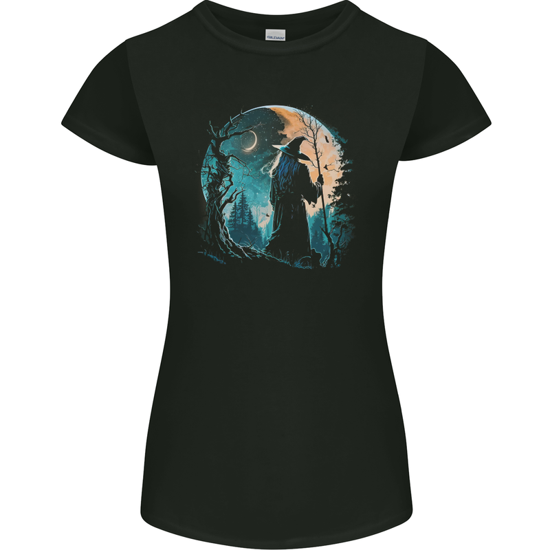 A Wizard Looking at a Fantasy Moon Warlock Womens Petite Cut T-Shirt Black