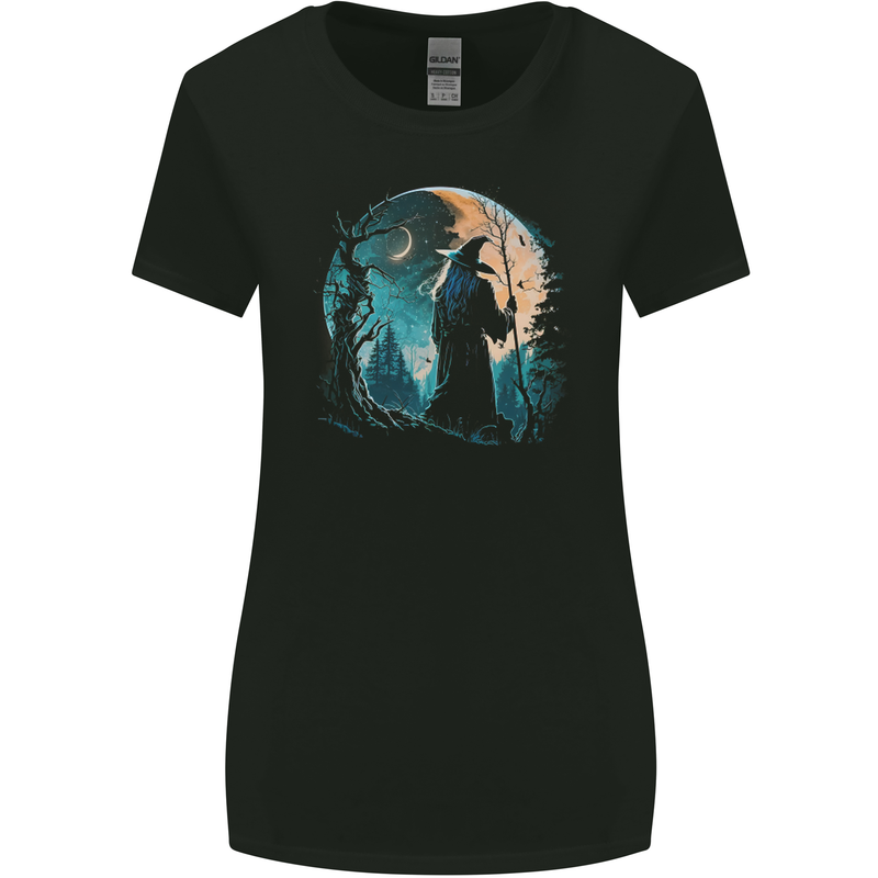 A Wizard Looking at a Fantasy Moon Warlock Womens Wider Cut T-Shirt Black