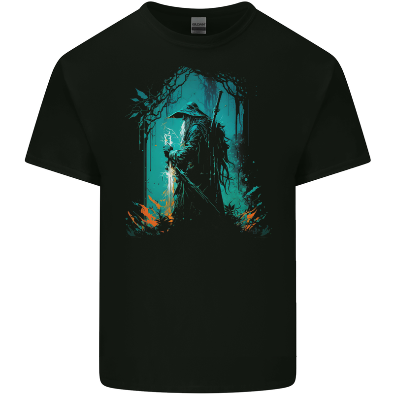 A Wizard in a Fantasy Forest Warlock Mens Cotton T-Shirt Tee Top BLACK
