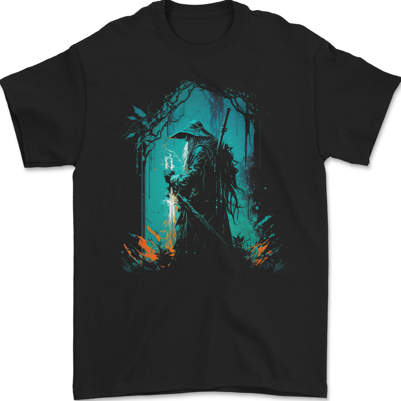 A Wizard in a Fantasy Forest Warlock Mens Gildan Cotton T-Shirt Black