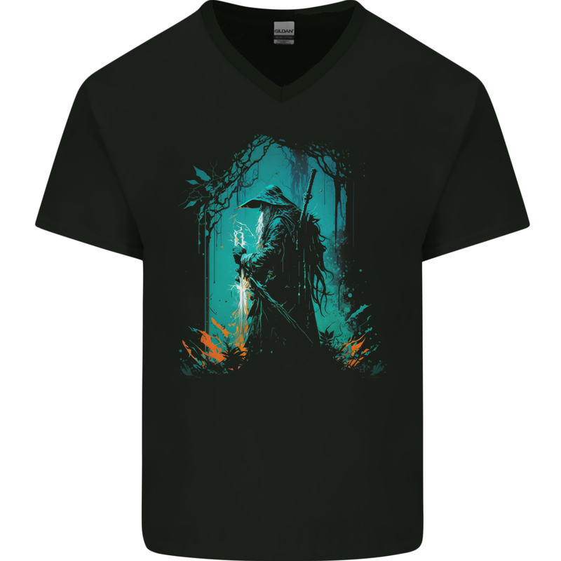 A Wizard in a Fantasy Forest Warlock Mens V-Neck Cotton T-Shirt Black