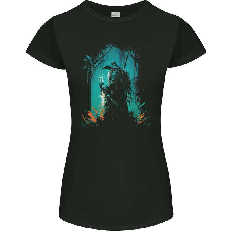 A Wizard in a Fantasy Forest Warlock Womens Petite Cut T-Shirt Black