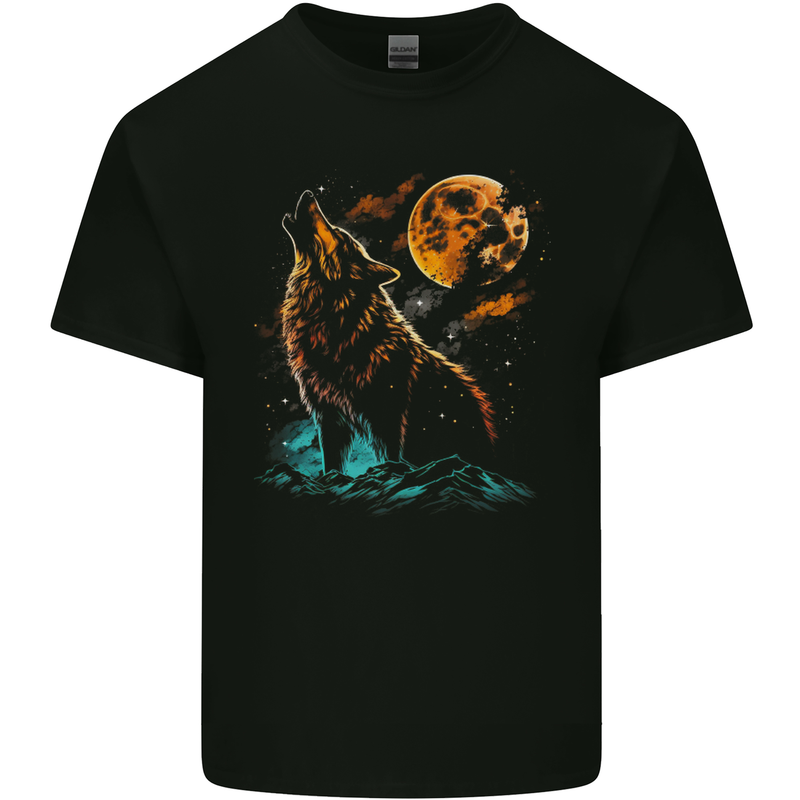 A Wolf Howling With the Moon at Night Kids T-Shirt Childrens Black