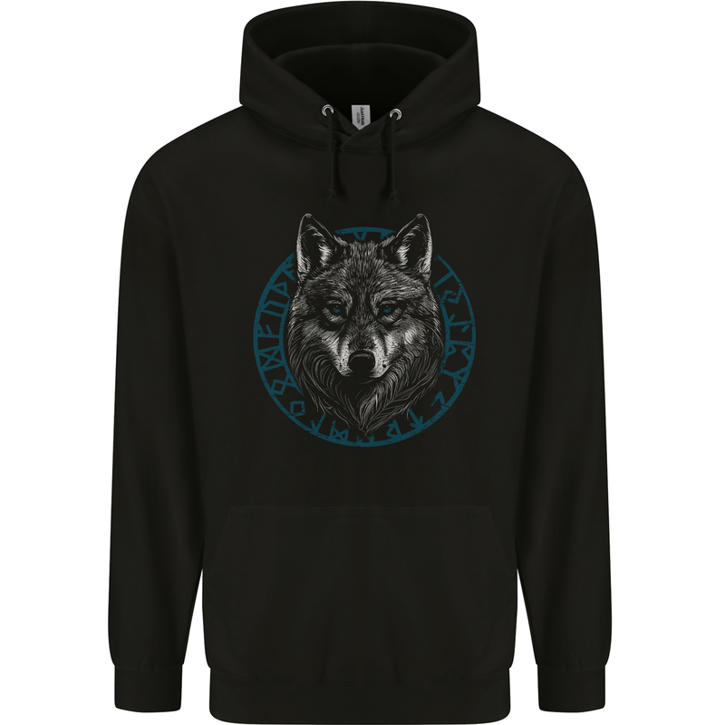 A Wolf in Viking Symbols Text Valhalla Childrens Kids Hoodie Black