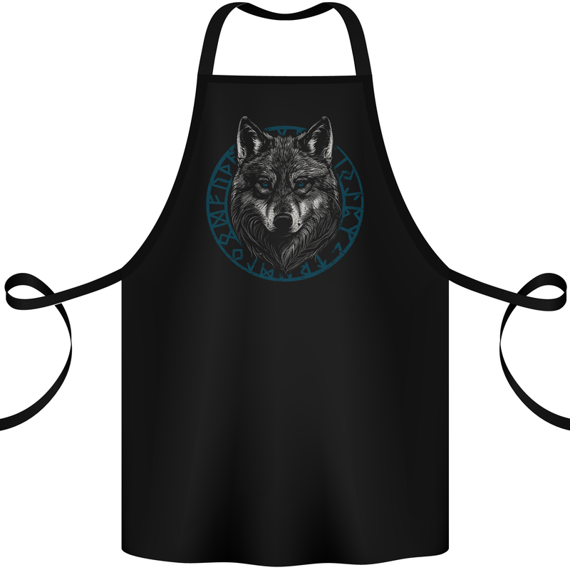 A Wolf in Viking Symbols Text Valhalla Cotton Apron 100% Organic Black