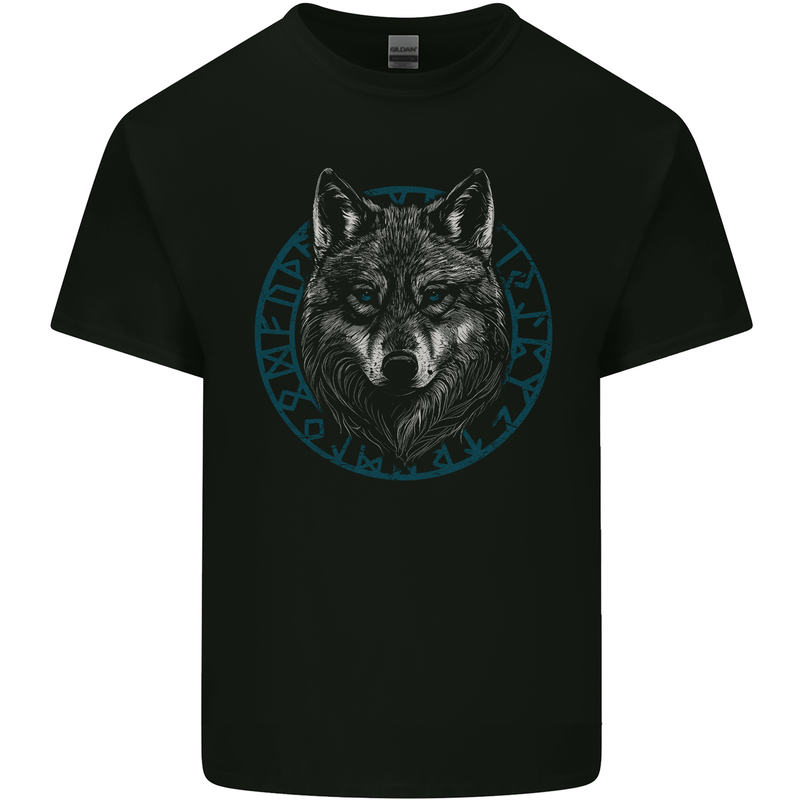 A Wolf in Viking Symbols Text Valhalla Kids T-Shirt Childrens Black