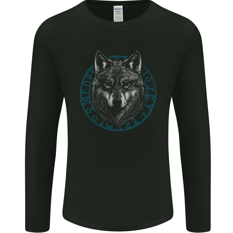 A Wolf in Viking Symbols Text Valhalla Mens Long Sleeve T-Shirt Black