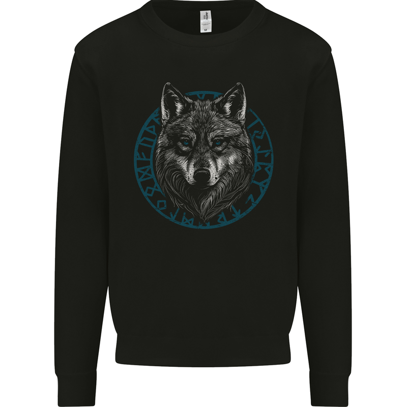 A Wolf in Viking Symbols Text Valhalla Mens Sweatshirt Jumper Black