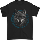 A Wolf in Viking Symbols Text Valhalla Mens T-Shirt 100% Cotton Black