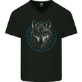 A Wolf in Viking Symbols Text Valhalla Mens V-Neck Cotton T-Shirt Black