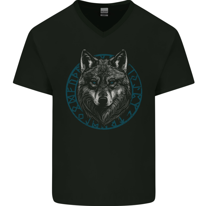 A Wolf in Viking Symbols Text Valhalla Mens V-Neck Cotton T-Shirt Black