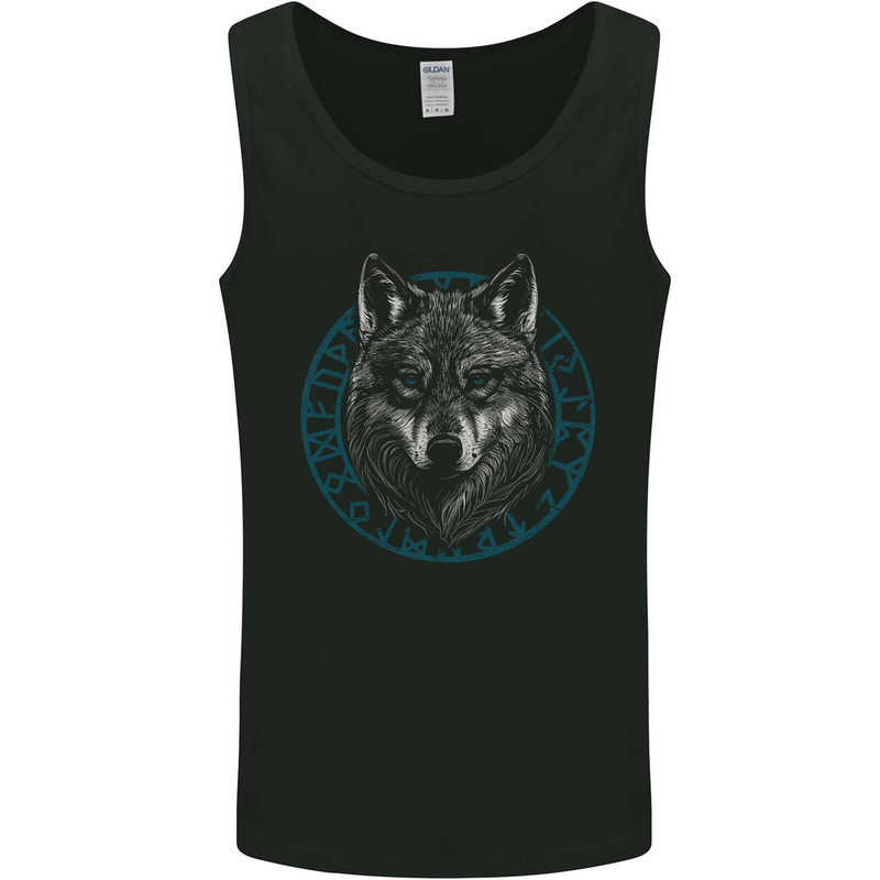 A Wolf in Viking Symbols Text Valhalla Mens Vest Tank Top Black