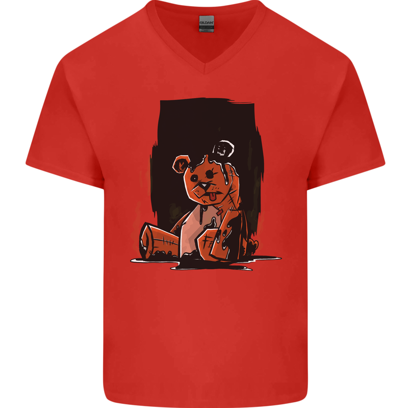 A Zombie Teddy Bear Halloween Mens V-Neck Cotton T-Shirt Red