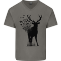 Abstract Butterfly Deer Ecology Environment Mens V-Neck Cotton T-Shirt Charcoal