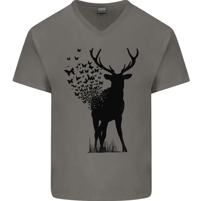 Abstract Butterfly Deer Ecology Environment Mens V-Neck Cotton T-Shirt Charcoal
