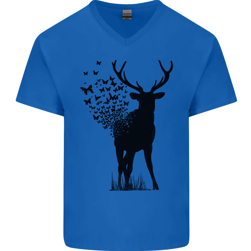 Abstract Butterfly Deer Ecology Environment Mens V-Neck Cotton T-Shirt Royal Blue