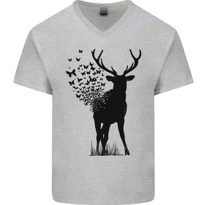 Abstract Butterfly Deer Ecology Environment Mens V-Neck Cotton T-Shirt Sports Grey
