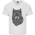 Abstract Dog Mandala Art Mens V-Neck Cotton T-Shirt White
