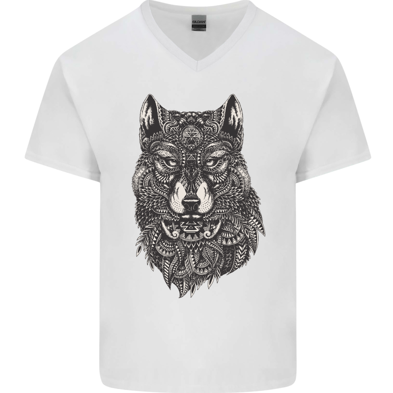 Abstract Dog Mandala Art Mens V-Neck Cotton T-Shirt White