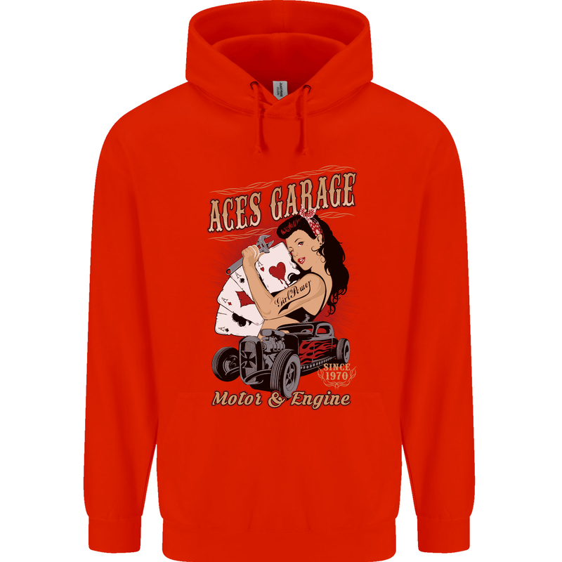 Aces Garage Hotrod Hot Rod Dragster Car Childrens Kids Hoodie Bright Red