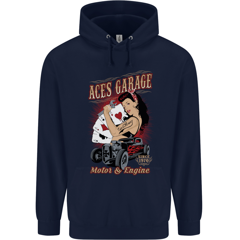 Aces Garage Hotrod Hot Rod Dragster Car Childrens Kids Hoodie Navy Blue