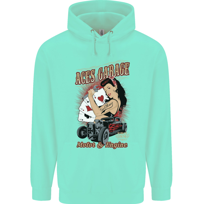 Aces Garage Hotrod Hot Rod Dragster Car Childrens Kids Hoodie Peppermint