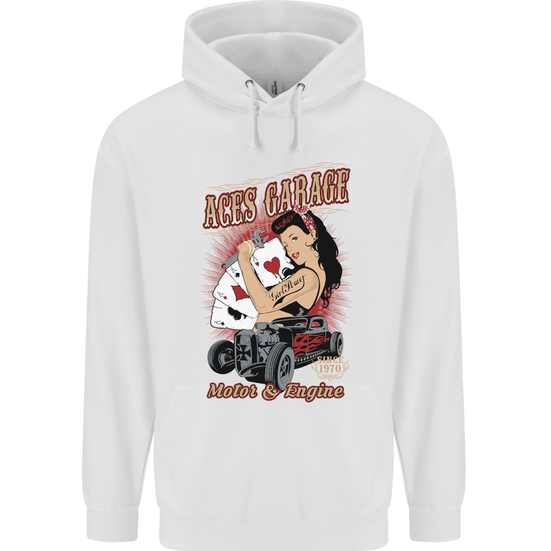 Aces Garage Hotrod Hot Rod Dragster Car Childrens Kids Hoodie White
