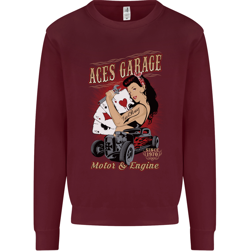 Aces Garage Hotrod Hot Rod Dragster Car Kids Sweatshirt Jumper Maroon