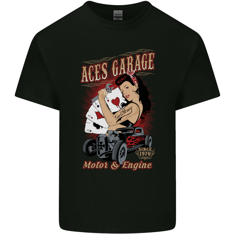 Aces Garage Hotrod Hot Rod Dragster Car Mens Cotton T-Shirt Tee Top Black