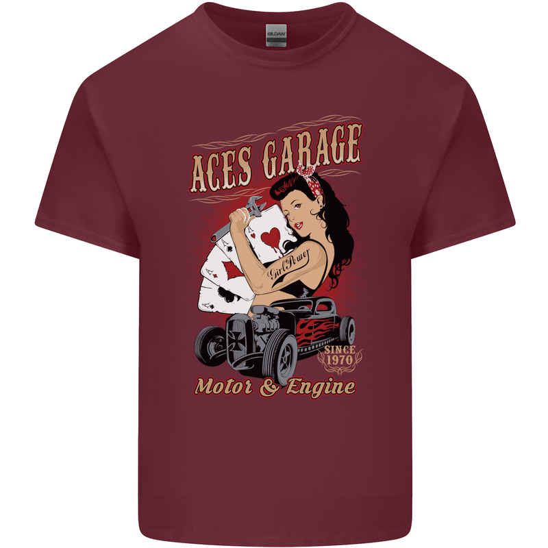 Aces Garage Hotrod Hot Rod Dragster Car Mens Cotton T-Shirt Tee Top Maroon