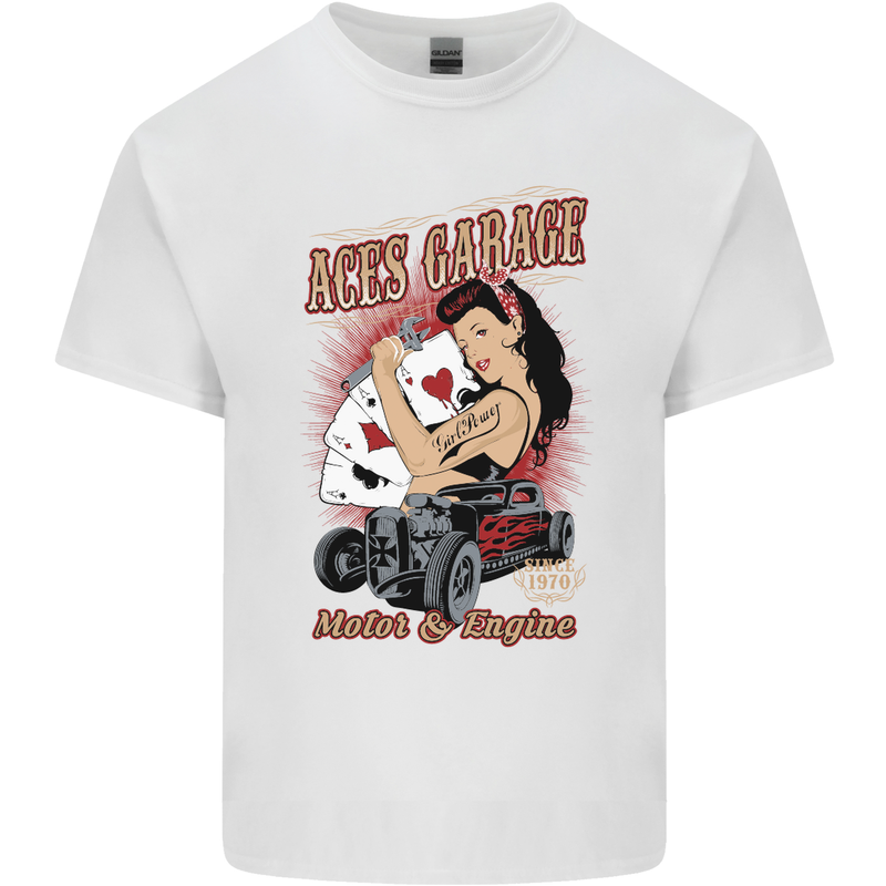 Aces Garage Hotrod Hot Rod Dragster Car Mens Cotton T-Shirt Tee Top White