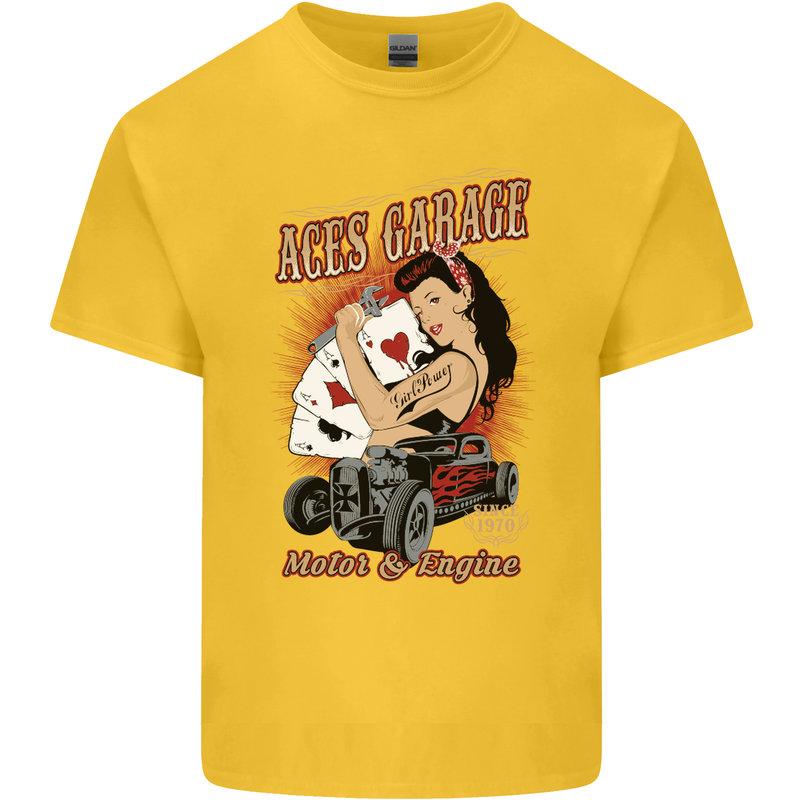 Aces Garage Hotrod Hot Rod Dragster Car Mens Cotton T-Shirt Tee Top Yellow