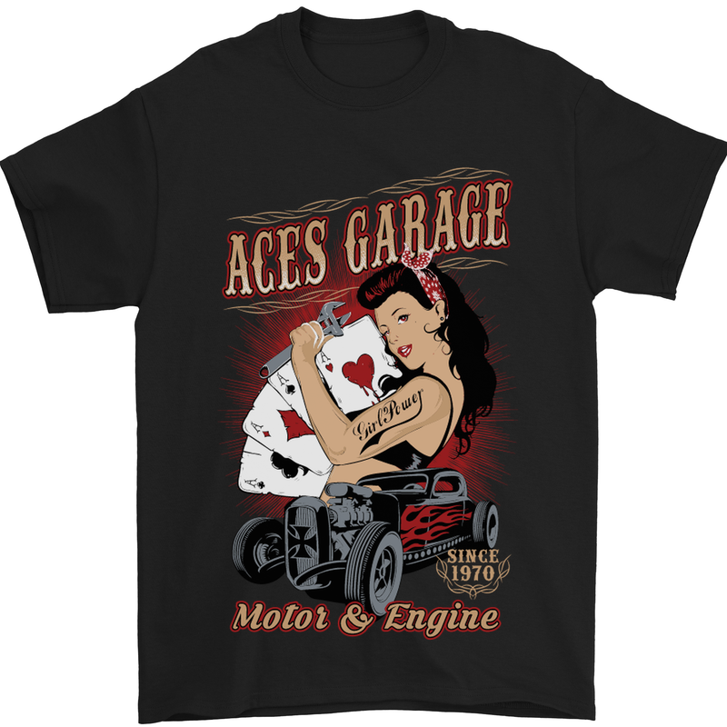 Aces Garage Hotrod Hot Rod Dragster Car Mens T-Shirt Cotton Gildan Black