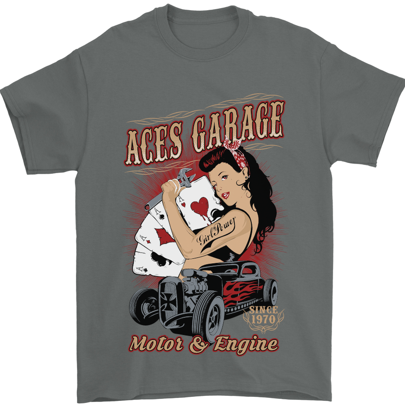 Aces Garage Hotrod Hot Rod Dragster Car Mens T-Shirt Cotton Gildan Charcoal
