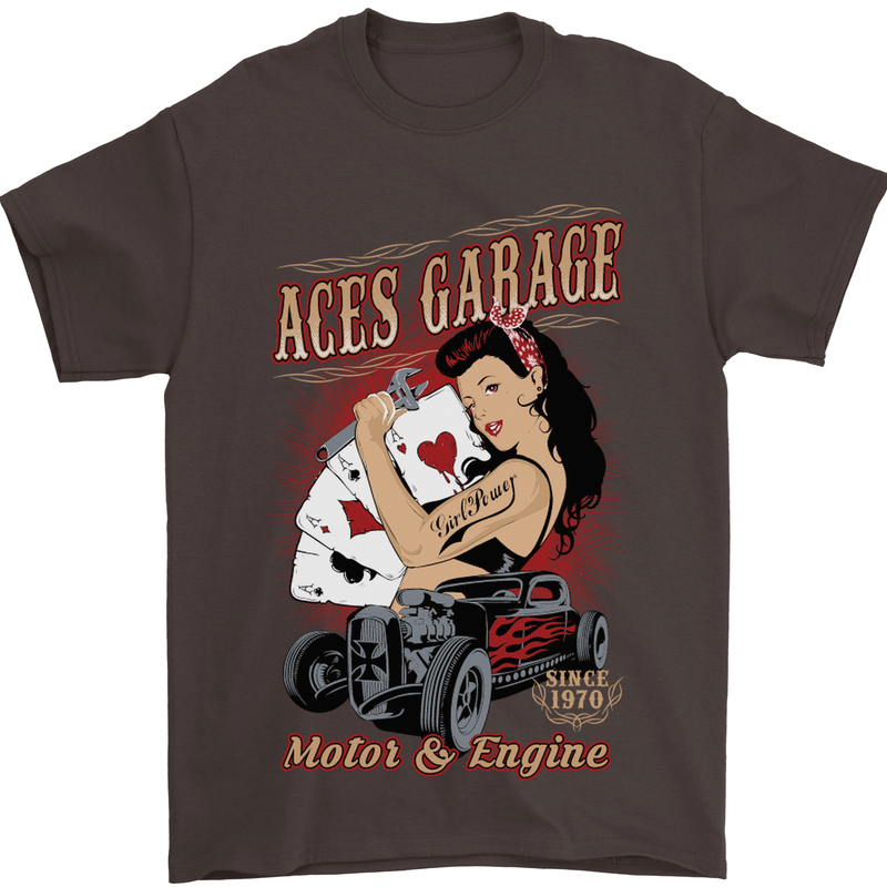 Aces Garage Hotrod Hot Rod Dragster Car Mens T-Shirt Cotton Gildan Dark Chocolate