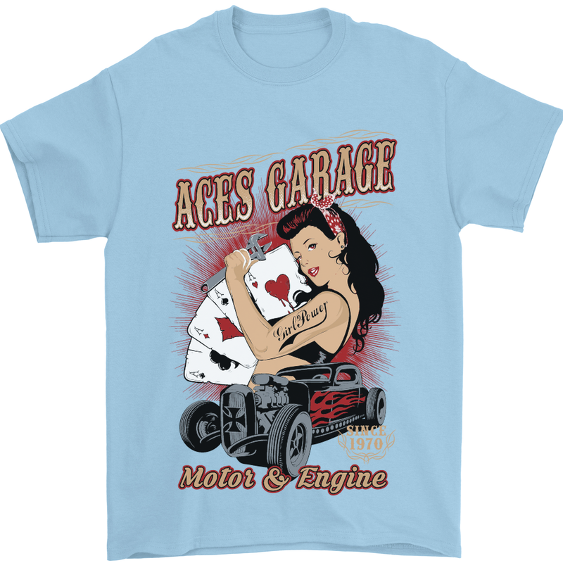 Aces Garage Hotrod Hot Rod Dragster Car Mens T-Shirt Cotton Gildan Light Blue