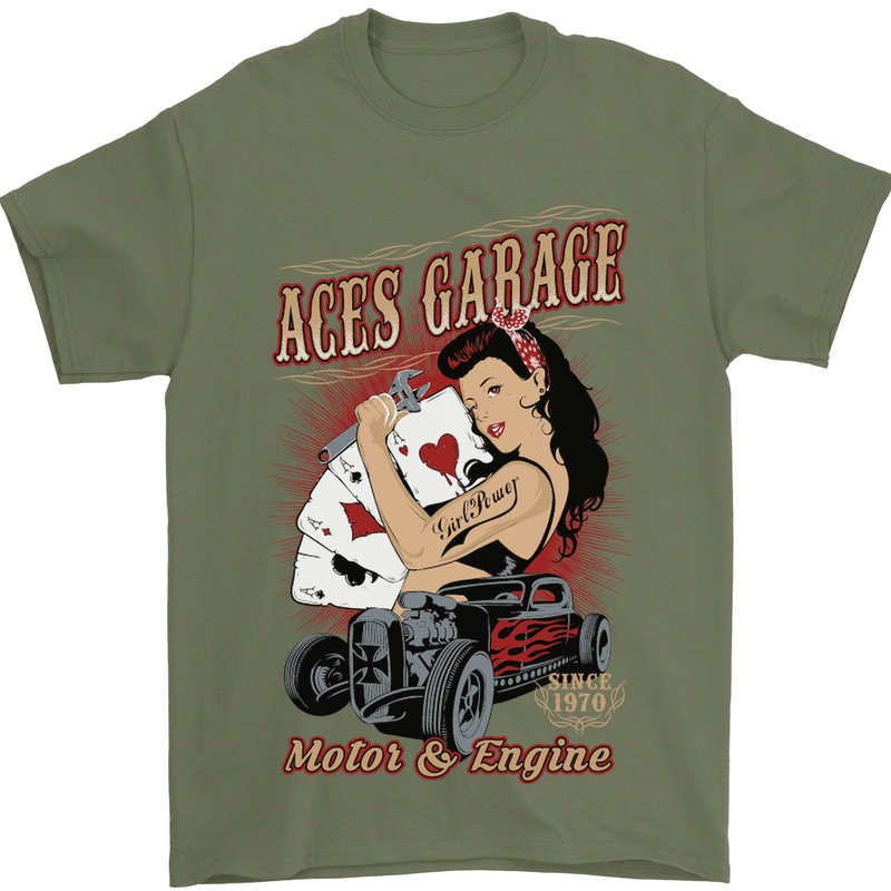 Aces Garage Hotrod Hot Rod Dragster Car Mens T-Shirt Cotton Gildan Military Green