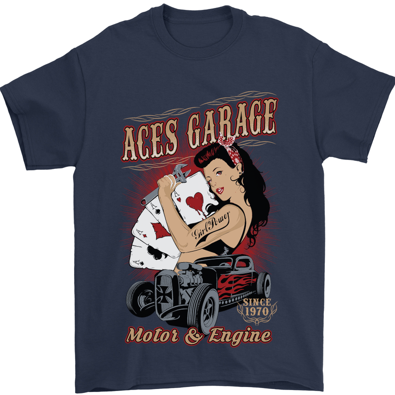 Aces Garage Hotrod Hot Rod Dragster Car Mens T-Shirt Cotton Gildan Navy Blue
