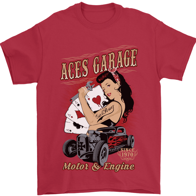 Aces Garage Hotrod Hot Rod Dragster Car Mens T-Shirt Cotton Gildan Red
