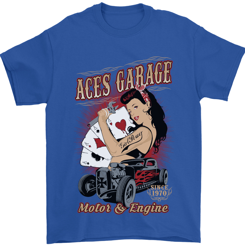 Aces Garage Hotrod Hot Rod Dragster Car Mens T-Shirt Cotton Gildan Royal Blue
