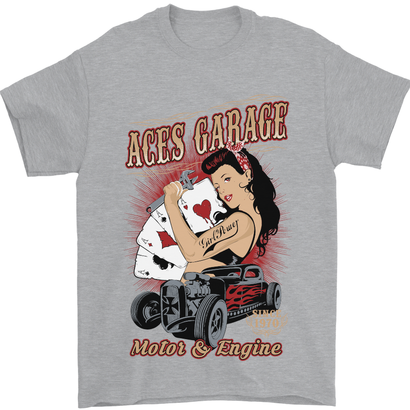 Aces Garage Hotrod Hot Rod Dragster Car Mens T-Shirt Cotton Gildan Sports Grey