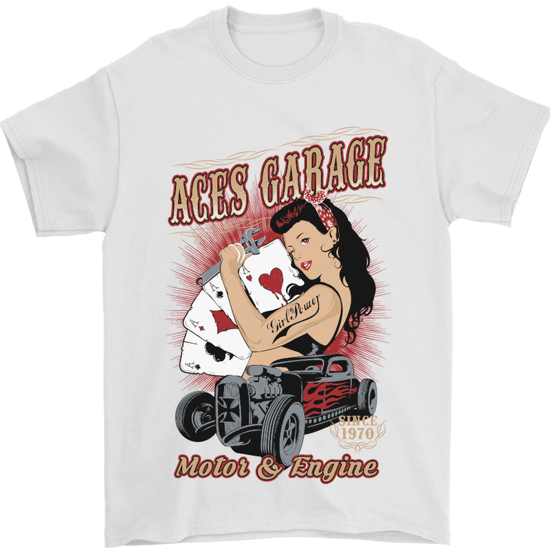 Aces Garage Hotrod Hot Rod Dragster Car Mens T-Shirt Cotton Gildan White