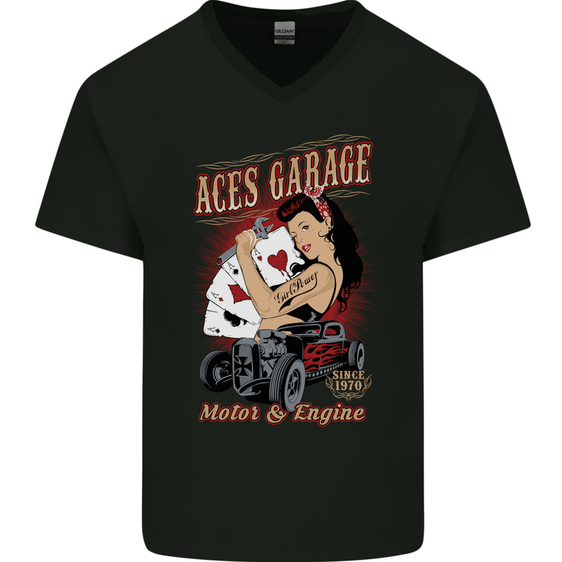 Aces Garage Hotrod Hot Rod Dragster Car Mens V-Neck Cotton T-Shirt Black