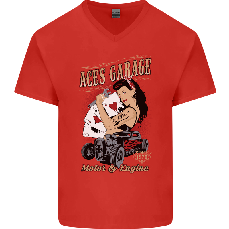 Aces Garage Hotrod Hot Rod Dragster Car Mens V-Neck Cotton T-Shirt Red