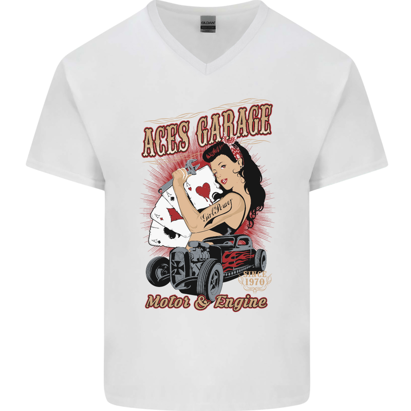 Aces Garage Hotrod Hot Rod Dragster Car Mens V-Neck Cotton T-Shirt White