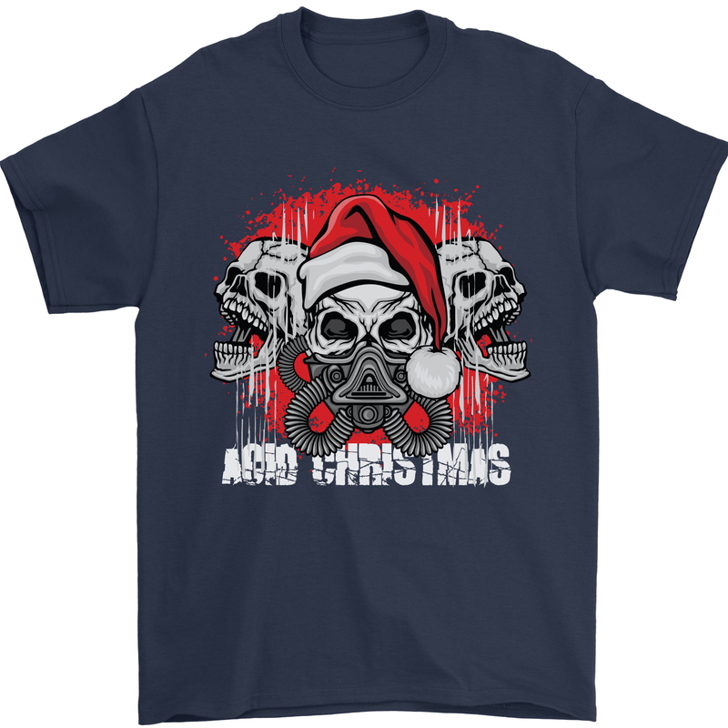 Acid Christmas Skulls Mens T-Shirt Cotton Gildan Navy Blue