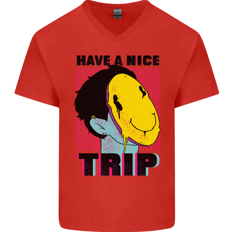 Acid Have a Nice Trip Drugs LSD Trippy Mens V-Neck Cotton T-Shirt Red