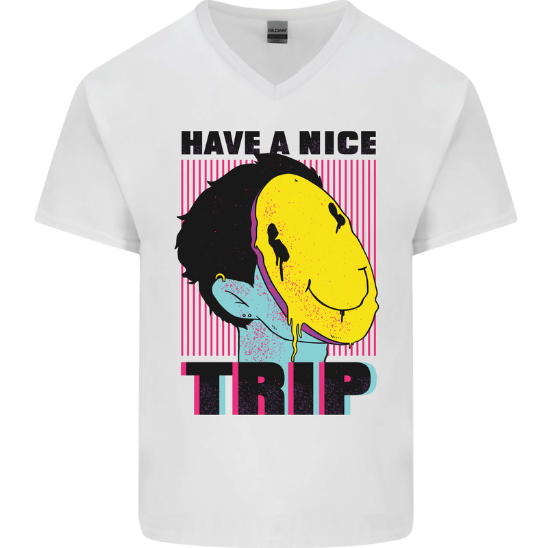 Acid Have a Nice Trip Drugs LSD Trippy Mens V-Neck Cotton T-Shirt White
