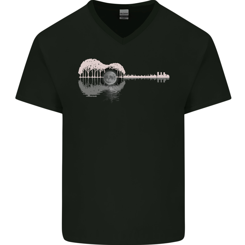 Acoustic Guitar Reflection Mens V-Neck Cotton T-Shirt Black